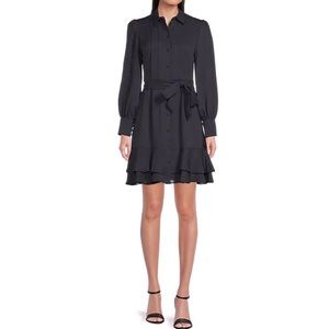 Alex Marie Jesse Long Sleeve Tie Waist Tiered Pleated Shirt Dress in Navy Size 6